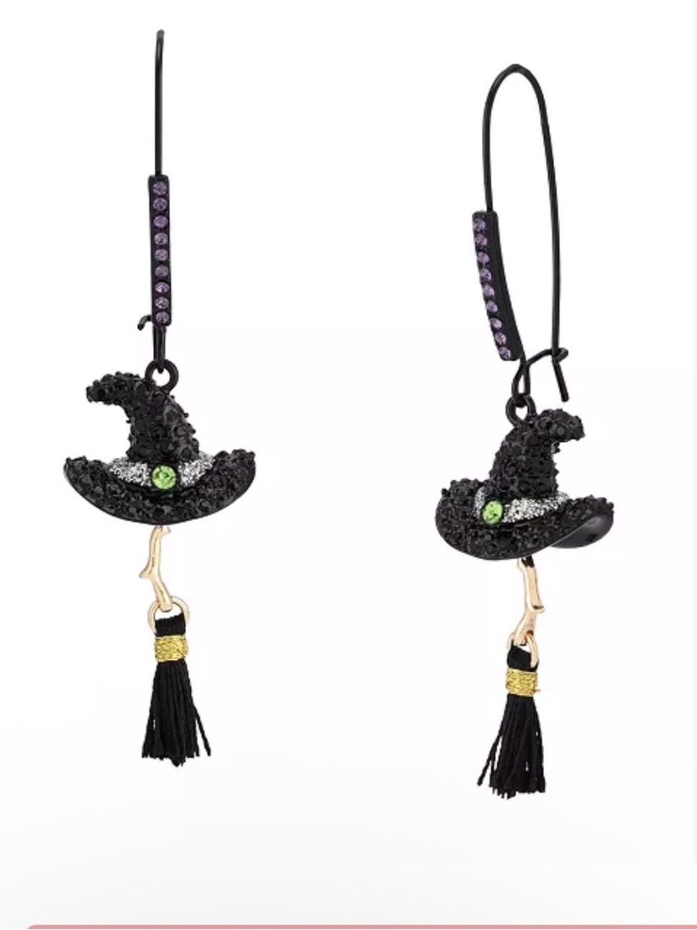 Witch Hat Tassel Drop Earrings - Black with Purple & Green Accents